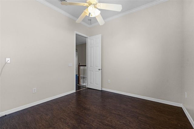 unfurnished room with dark hardwood / wood-style flooring, crown molding, and ceiling fan