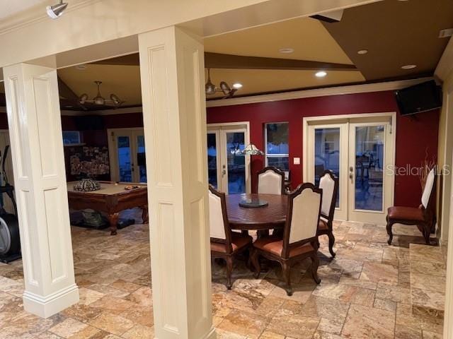 dining room featuring ornamental molding, billiards, and french doors