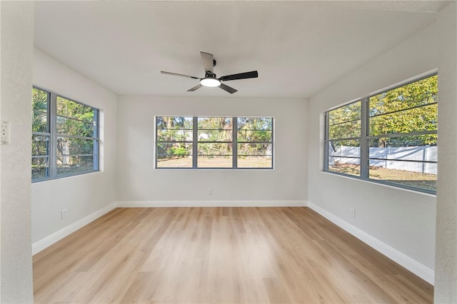 empty room with ceiling fan and light hardwood / wood-style floors