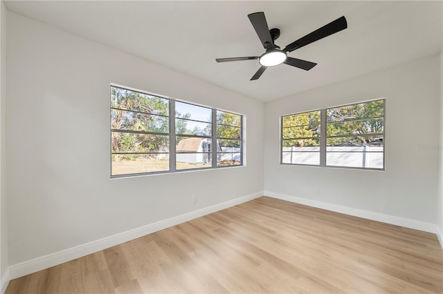 empty room with ceiling fan and light hardwood / wood-style floors