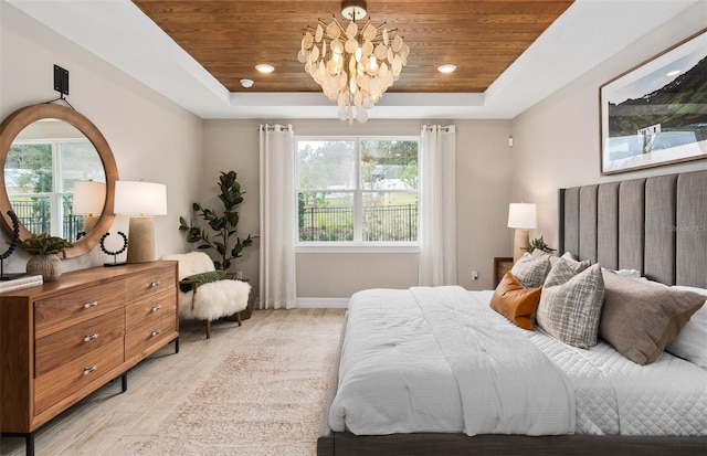 bedroom featuring a raised ceiling, wooden ceiling, light hardwood / wood-style flooring, and a chandelier