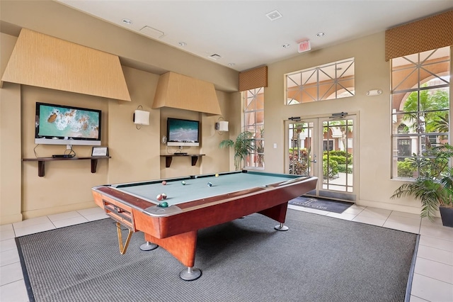 game room featuring light tile patterned flooring, french doors, and pool table