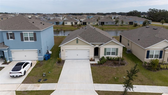 view of front of property with central air condition unit, a water view, and a front yard