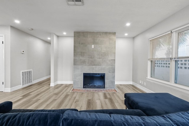 living room featuring a fireplace and light hardwood / wood-style flooring