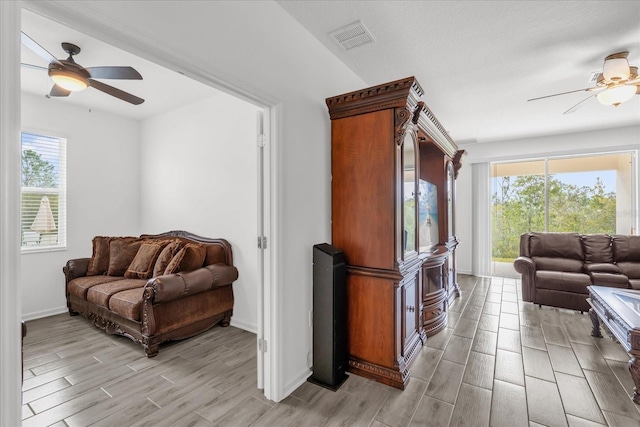 living room with a wealth of natural light and ceiling fan