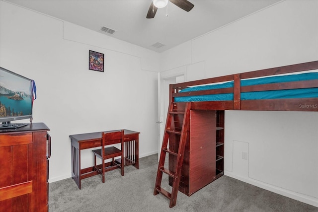 bedroom with light colored carpet and ceiling fan