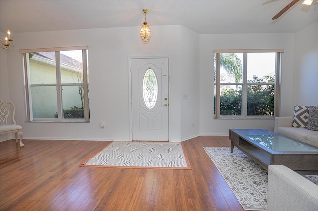 foyer entrance with ceiling fan and dark hardwood / wood-style floors