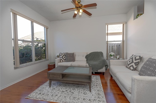 living room with ceiling fan and dark wood-type flooring