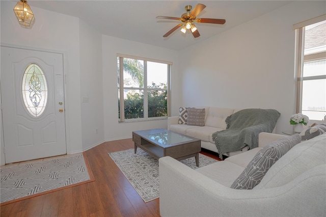 living room with ceiling fan and wood-type flooring