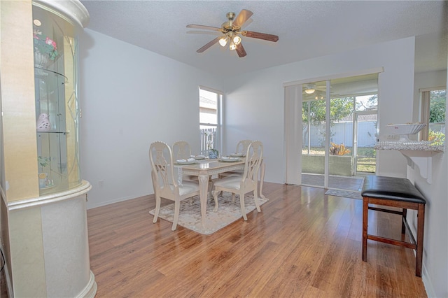 dining space with hardwood / wood-style flooring, a textured ceiling, and ceiling fan