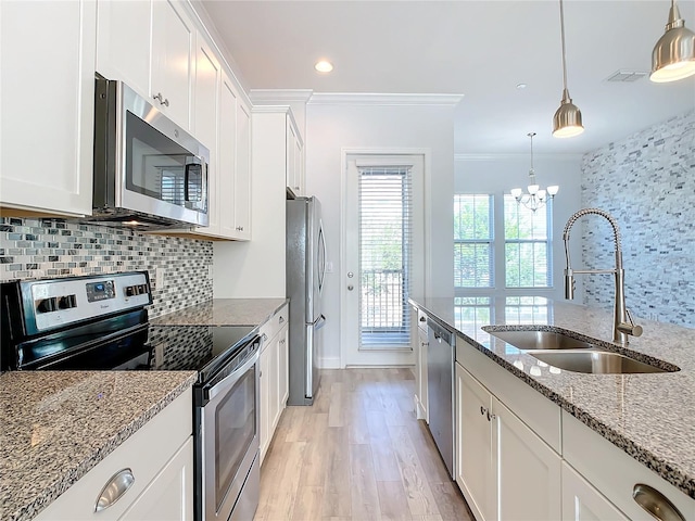 kitchen with decorative backsplash, sink, white cabinets, and stainless steel appliances