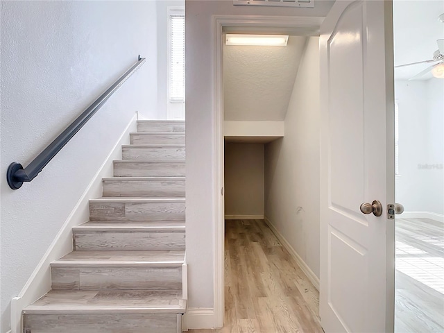 staircase featuring ceiling fan and hardwood / wood-style floors