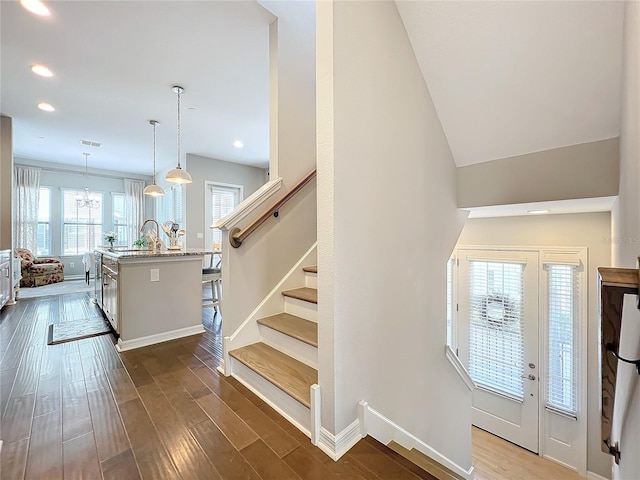 entryway with a healthy amount of sunlight, dark hardwood / wood-style flooring, and vaulted ceiling