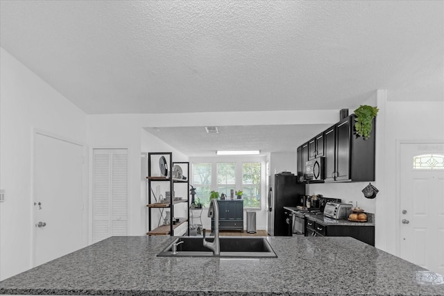 kitchen with a textured ceiling, sink, appliances with stainless steel finishes, and dark stone counters