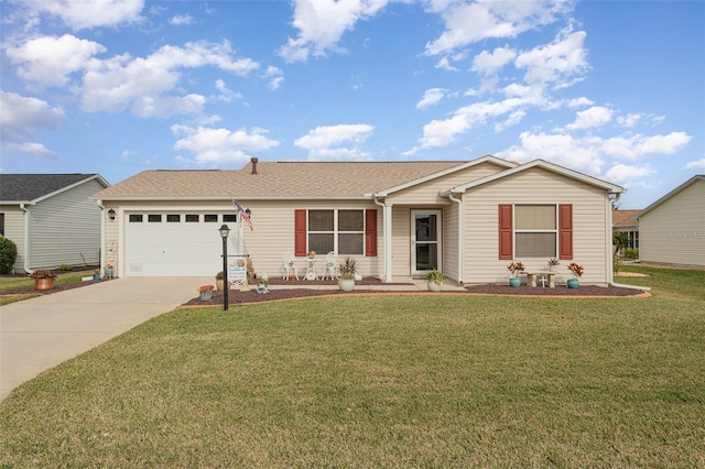 single story home featuring a garage and a front yard