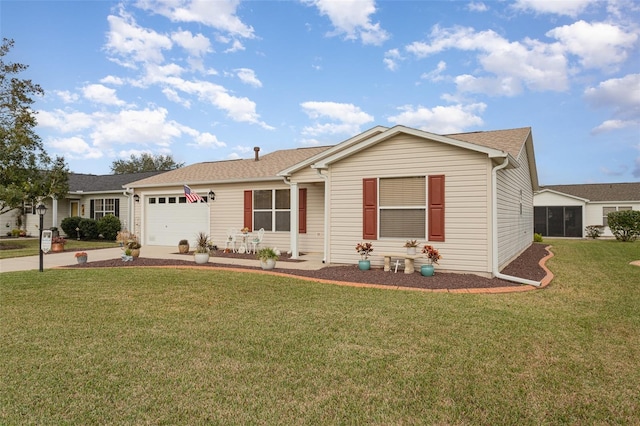 single story home featuring a garage and a front lawn