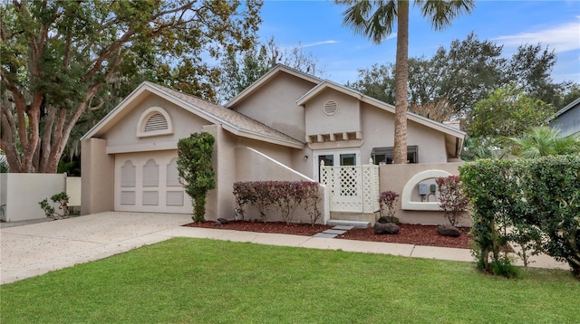 view of front of property featuring a front lawn and a garage