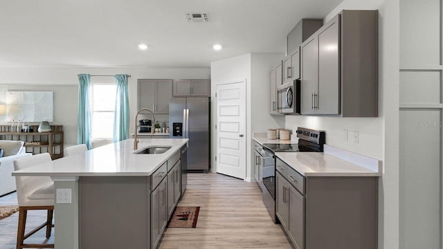 kitchen featuring gray cabinets, a kitchen island with sink, sink, and appliances with stainless steel finishes