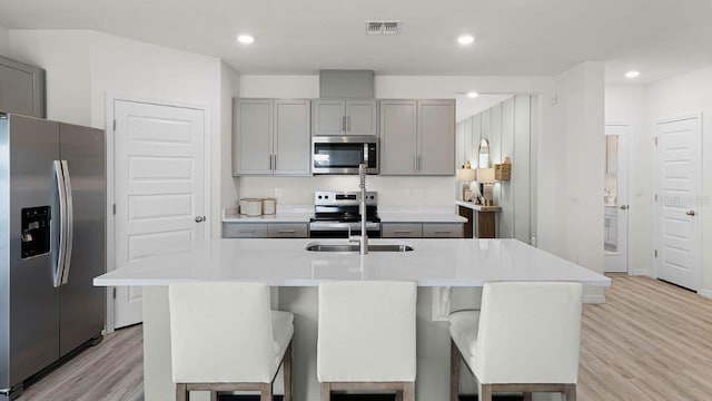 kitchen featuring a breakfast bar, appliances with stainless steel finishes, a kitchen island with sink, and gray cabinetry