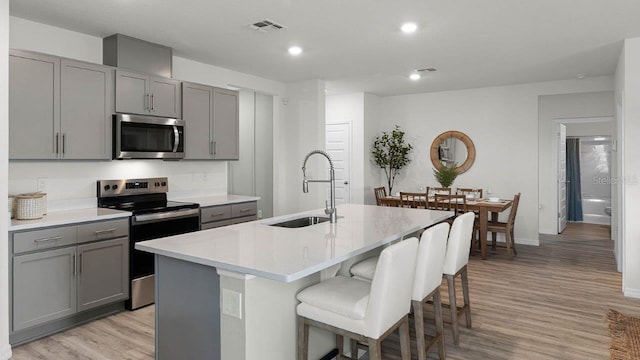 kitchen with appliances with stainless steel finishes, gray cabinets, and a kitchen island with sink