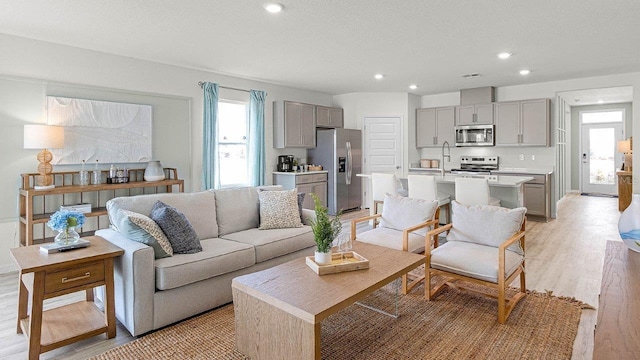 living room featuring a textured ceiling, light hardwood / wood-style floors, and sink