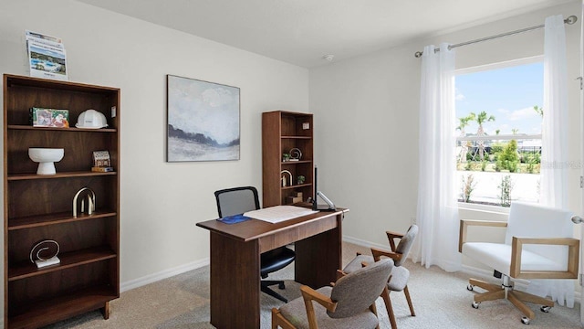 home office with light colored carpet