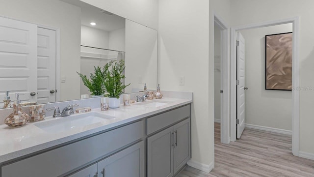 bathroom with hardwood / wood-style flooring and vanity