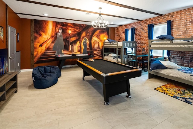 recreation room featuring wooden walls, pool table, beamed ceiling, brick wall, and a chandelier