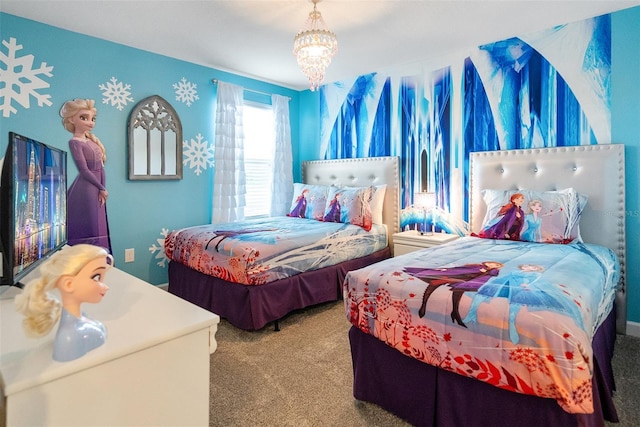 bedroom featuring carpet floors and a notable chandelier