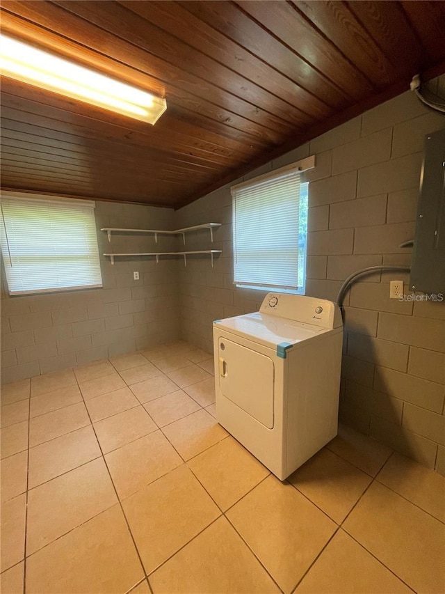 washroom featuring washer / dryer, a wealth of natural light, electric panel, and wood ceiling