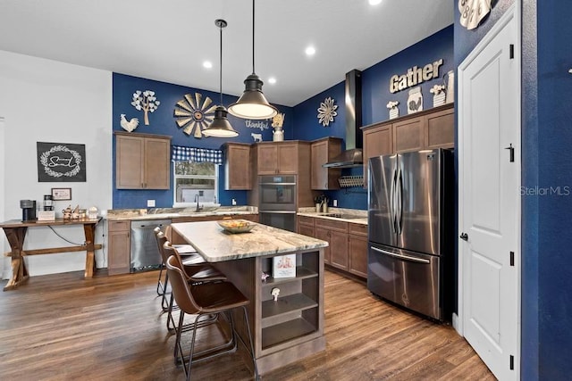 kitchen with a center island, pendant lighting, dark wood-style flooring, open shelves, and black appliances