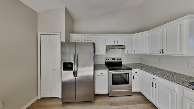 kitchen with backsplash, stone counters, appliances with stainless steel finishes, light hardwood / wood-style floors, and white cabinetry