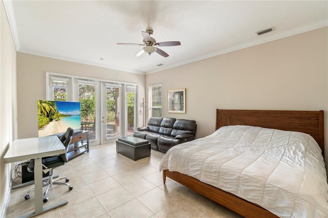 tiled bedroom featuring a textured ceiling, access to outside, ceiling fan, and ornamental molding