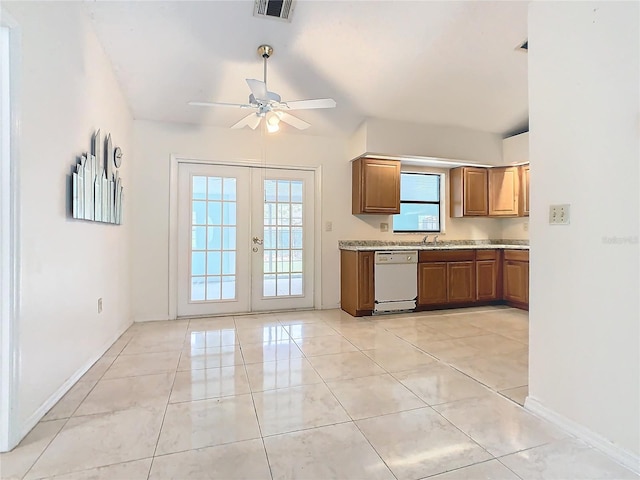 kitchen featuring ceiling fan, french doors, and white dishwasher