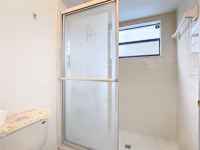 bathroom with toilet and a shower with door