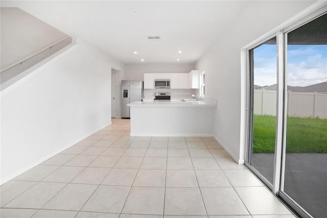 kitchen featuring light tile patterned floors, sink, stainless steel appliances, white cabinets, and kitchen peninsula