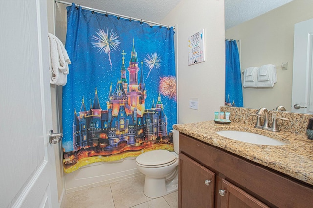 full bathroom featuring tile patterned floors, shower / bath combination with curtain, a textured ceiling, toilet, and vanity