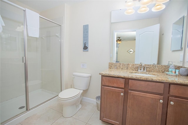 bathroom with ceiling fan, tile patterned floors, toilet, vanity, and a shower with shower door