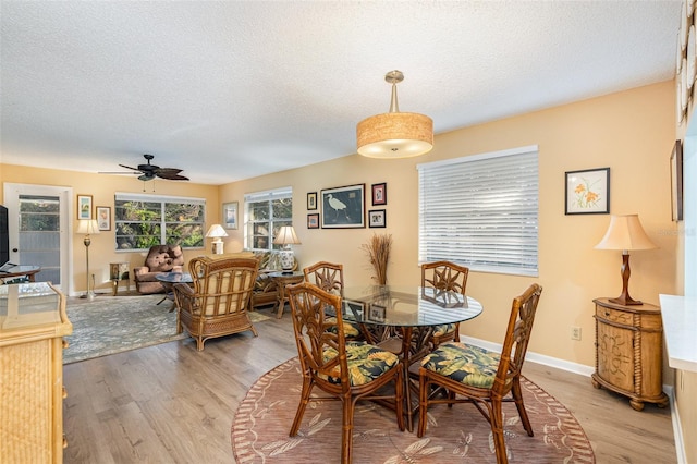 dining space with a textured ceiling, hardwood / wood-style flooring, and ceiling fan