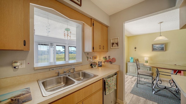 kitchen with a textured ceiling, dishwasher, decorative light fixtures, sink, and light wood-type flooring