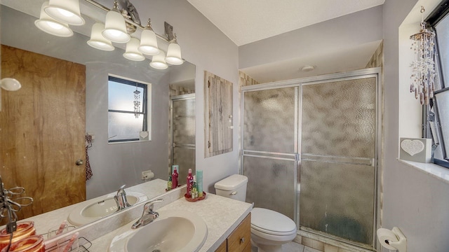 bathroom featuring toilet, vanity, and an enclosed shower