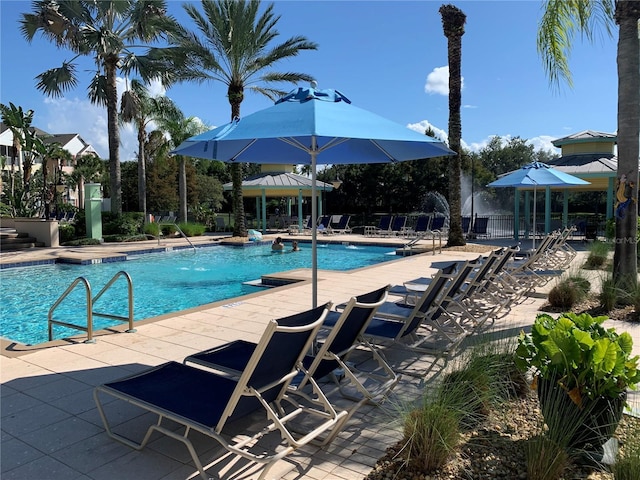 view of pool featuring a patio and pool water feature