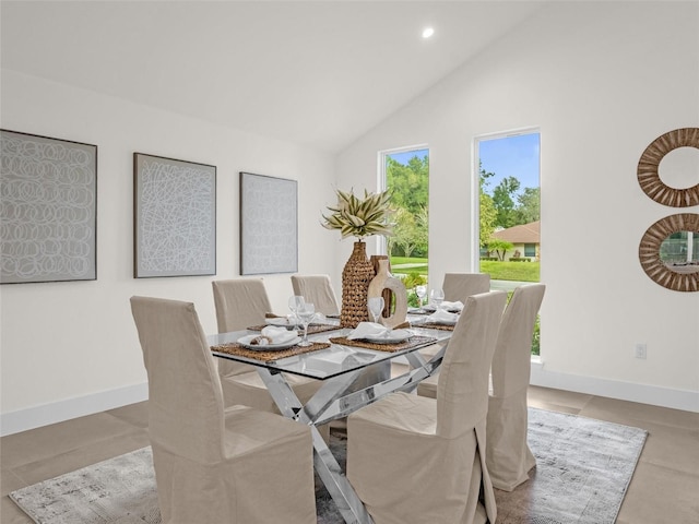 dining room featuring high vaulted ceiling