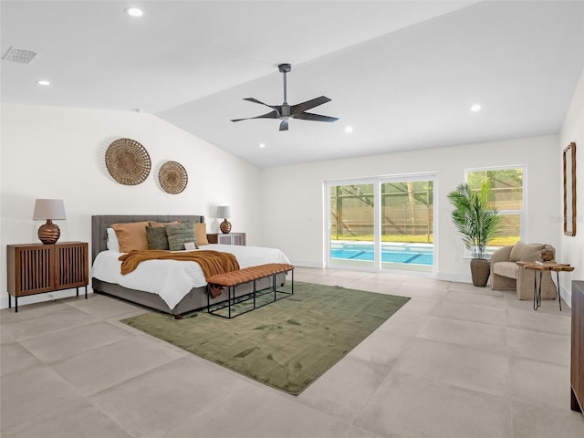 bedroom with ceiling fan, access to exterior, and vaulted ceiling