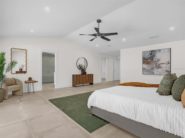 bedroom featuring ensuite bath, ceiling fan, and lofted ceiling