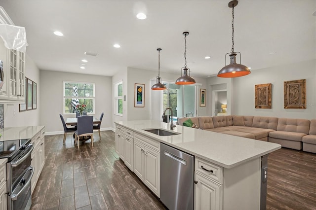 kitchen featuring stainless steel appliances, dark wood-type flooring, a sink, and recessed lighting