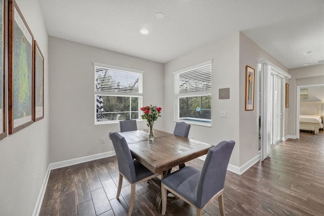 dining space with baseboards and dark wood-style flooring