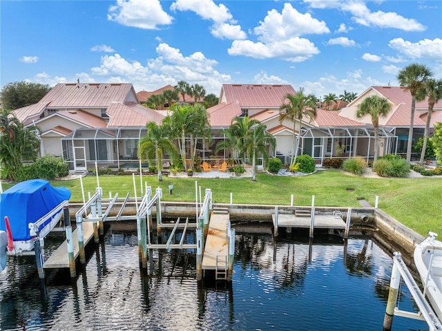 view of dock featuring a lanai and a water view