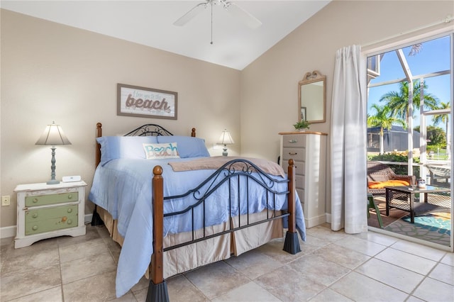 bedroom with tile patterned floors, access to exterior, ceiling fan, and vaulted ceiling