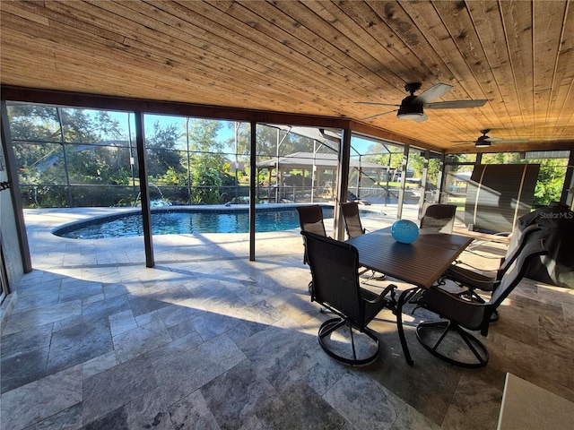 interior space with a healthy amount of sunlight, a pool, wood ceiling, and ceiling fan